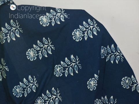 Indian Floral Quilting Cotton Fabric By The Yard Hand Stamped Indigo Blue Sewing DIY Crafting Curtains Summer Women Girls Dresses Apparel