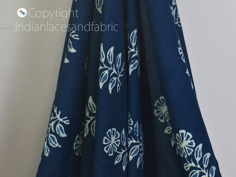 Indian Floral Quilting Cotton Fabric By The Yard Hand Stamped Indigo Blue Sewing DIY Crafting Curtains Summer Women Girls Dresses Apparel