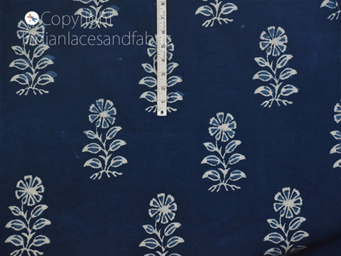Indian Floral Quilting Cotton Fabric By The Yard Hand Stamped Indigo Blue Sewing DIY Crafting Curtains Summer Women Girls Dresses Apparel