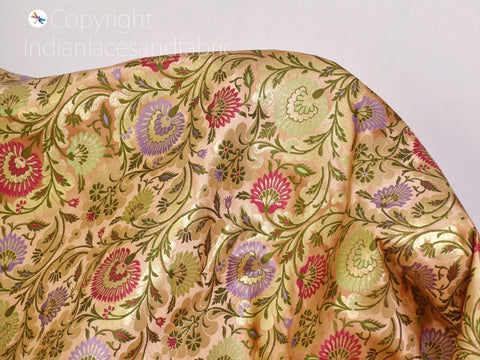 Peach Indian Brocade Fabric By The Yard Banarasi Bridal Silk Wedding Dress Material Crafting Sewing Home Furnishing Upholstery Drapery