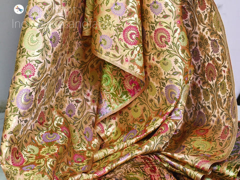 Peach Indian Brocade Fabric By The Yard Banarasi Bridal Silk Wedding Dress Material Crafting Sewing Home Furnishing Upholstery Drapery