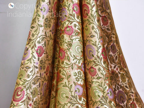 Peach Indian Brocade Fabric By The Yard Banarasi Bridal Silk Wedding Dress Material Crafting Sewing Home Furnishing Upholstery Drapery