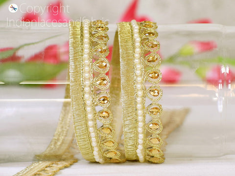 9 Yard Gold Stone Decorative Saree 25 mm Border Wedding Lehnga Trim Ribbon Sari Trimming Sewing Crafting Dress Decor Making Tape