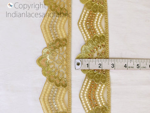 9 Yard Gold Stone 65 mm Decorative Laces Saree Border Trim Embellishment Metallic Ribbon Sari Trimmings Sewing Crafting Home Decor