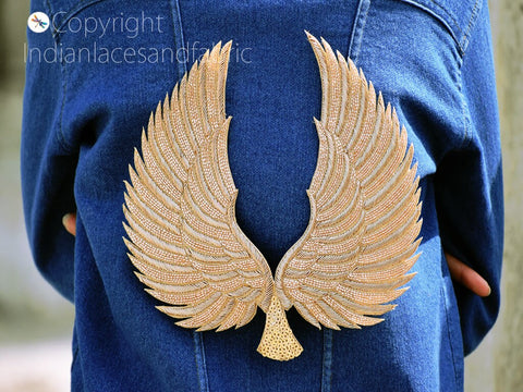 Gold Angle Wings Handcrafted Beaded Patches, Handcrafted Applique Decorative Golden Sewing Handmade Patches Beaded Bridal Headband DIY Crafting Applique