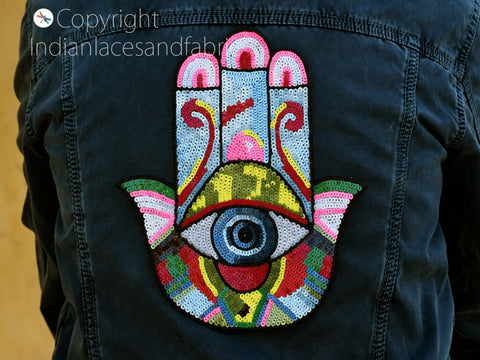 8.5 inch Hamsa Hand Palm All-Seeing Eye Appliques, Sequins Appliques Zardozi Patches Applique Sequins Appliques Zardozi work and Zari Thread Applique