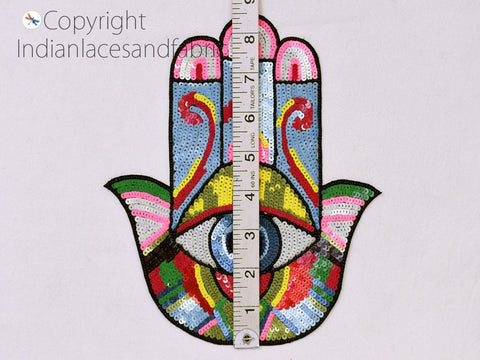 Hamsa Hand Palm All-Seeing Eye Appliques, Sequins Appliques, Patch Beaded Applique Dragon Zardozi Patches, 8.5  x 8 inch Applique, Sequins Appliques
