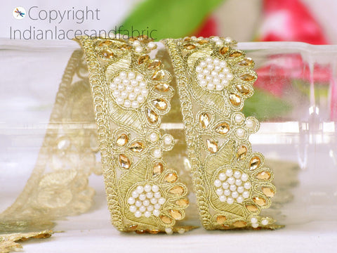 9 Yard Indian Gold Stone 4 CM Trim Wedding Laces Saree Border Decorative Scallop Edge lehenga Ribbon Sewing Craft Decor Garment Accessories