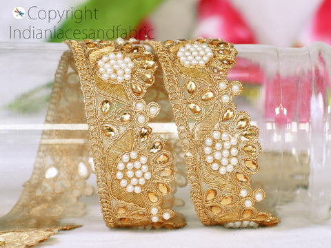 9 Yard Indian Gold Stone 4 CM Trim Wedding Laces Saree Border Decorative Scallop Edge lehenga Ribbon Sewing Craft Decor Garment Accessories