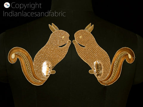 1 Pair Indian Handcrafted Sewing Appliques Decorative Squirrel Patches Dresses Appliques Golden Christmas Crafting Decor Bags Making Patches