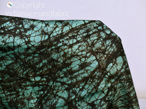 Turquoise Indian Soft Batik Print Pure Silk Fabric By The Yard,  Indian pure printed silk fabric