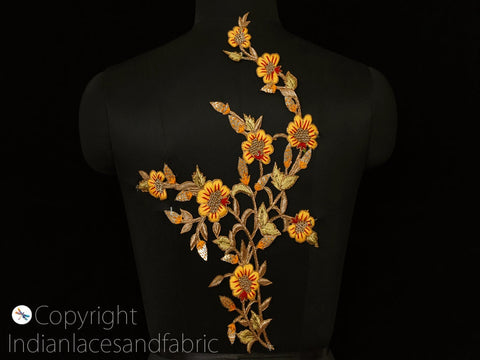 Red Floral Applique silk thread Patches Floral Beaded Appliques Golden Zardozi and silk thread embroidery work Appliques