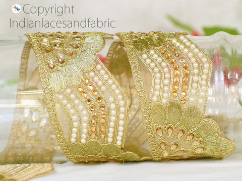 9 Yard Gold Stone 65 mm Decorative Laces Saree Border Trim Embellishment Metallic Ribbon Sari Trimmings Sewing Crafting Home Decor