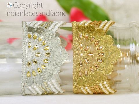 9 Yard Gold Stone 65 mm Decorative Laces Saree Border Trim Embellishment Metallic Ribbon Sari Trimmings Sewing Crafting Home Decor