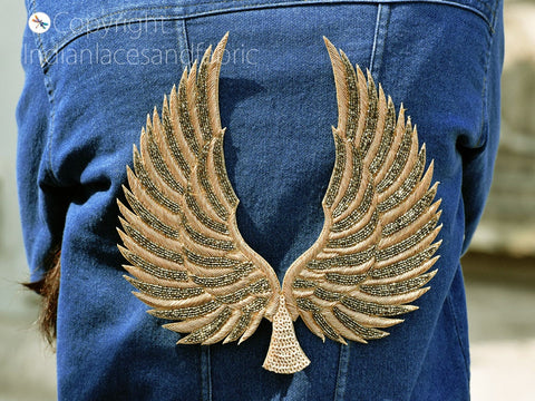 Applique For Dress, Gold Angle Wings Handcrafted Beaded Patches, Applique Wedding Dress Patch