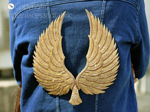 Gold Angle Wings Handcrafted Beaded Patches, Handcrafted Patches Applique Handmade Beaded Patches Appliques Rhinestones Appliques wedding dress patch Sewing Applique