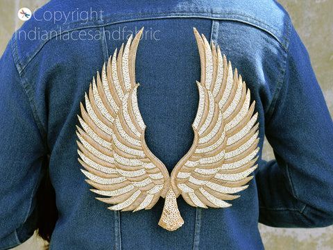 Gold Angle Wings Handcrafted Beaded Patches, Sequins Appliques Zardozi Patches Appliques Rhinestones Appliques wedding dress patch Sewing Applique Beaded Appliques embellished applique