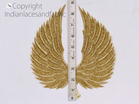 Applique For Dress, Gold Angle Wings Handcrafted Beaded Patches, Applique Wedding Dress Patch, 9 Inch Applique