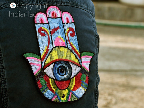 Hamsa Hand Palm All-Seeing Eye Appliques, Zardozi Patches Sew on Denim Jackets Patches Rhinestone Appliques, christmas applique, Applique for dress, Headband Applique