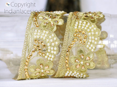 9 Yard Gold 6cm Beaded Stone Trims Decorative Laces Saree Border Indian Embellishment Ribbon Trimmings Sewing Clothing Accessories