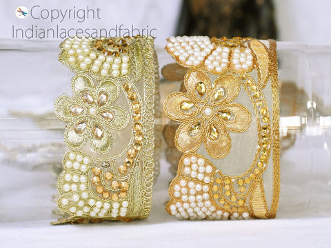 9 Yard Gold 6cm Beaded Stone Trims Decorative Laces Saree Border Indian Embellishment Ribbon Trimmings Sewing Clothing Accessories