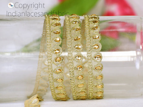 9 Yard Gold Lace Stone Work 15mm Border Gota Patti Glass Bead Embellishment Bridal Belt Border decorative Ribbon Sewing Crafting Accessories