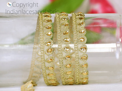 9 Yard Gold Lace Stone Work 15mm Border Gota Patti Glass Bead Embellishment Bridal Belt Border decorative Ribbon Sewing Crafting Accessories