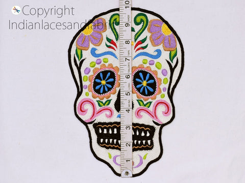 Handcrafted Beaded Embroidered Skull Sew on Denim Jackets Shirts Patches, 10 x 7.2 inch Appliques