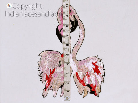 Beaded Patches, Flamingo Birds Applique, Beaded Appliques Patch Indian Handcrafted Sewing Accessories Dresses Applique, 9.6  x  8 inch Patch