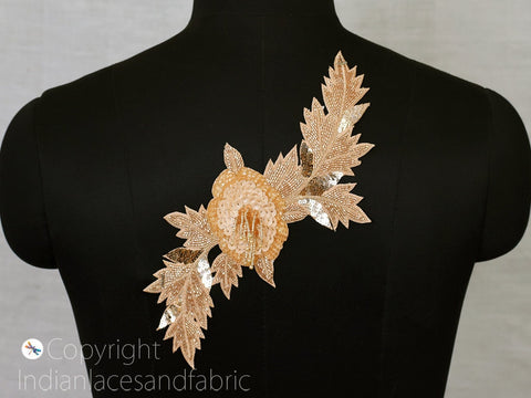 Beaded Sequins embroidered Neckline Patches, Decorative Zardosi Gold Handcrafted Indian Floral Design Scrapbooking Embroidered Applique
