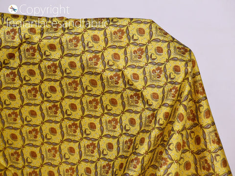 Yellow  and Brown Floral Print Silk Fabric, mulberry silk fabric, silk fabric by yard, Batik Fabric, Batik fabric by yard, printed silk fabric