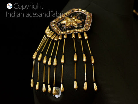 Gold and Black Beads Applique, Beaded Epaulette appliqués, handmade beaded tassel Patche, Beaded rhinestone parches