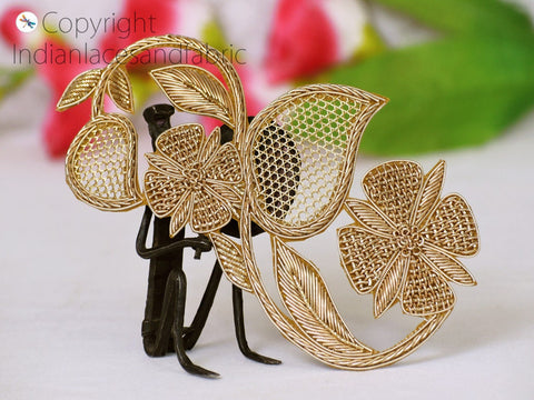 Gold Decorative Handmade Zardozi Patches Floral Beaded Appliques Golden Zardozi and silk thread embroidery work Appliques