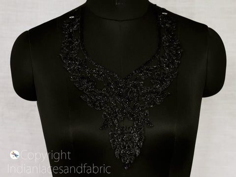 Black Beads Decorative Neck Patches Beaded Neckline Patch, Decorated Earrings, Handcrafted Neckline, Zari neck Patches, Wholesale Applique And Patches, Indian Neck Applique