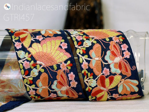 9 Yard Saree Ribbon 75mm Butterflies Fabric Trim Indian Sari Border Sewing Dress Table Runner Tape Embroidery Crafting Laces Home Decor