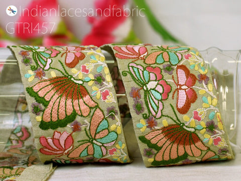 9 Yard Saree Ribbon 75mm Butterflies Fabric Trim Indian Sari Border Sewing Dress Table Runner Tape Embroidery Crafting Laces Home Decor