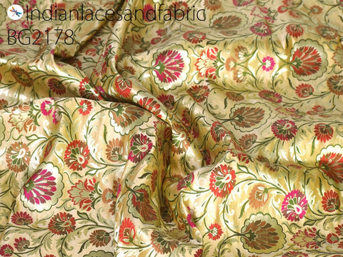Indian Beige Silk Brocade By The Yard Wedding Dresses Jacket Banarasi Costumes Material Sewing Crafting Skirt Curtain Upholstery Furnishing