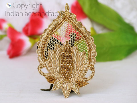 Gold Lotus Zardozi Decorative Handmade Patches Embroidered Indian Sewing Thread Dresses Handcrafted Patches Appliques