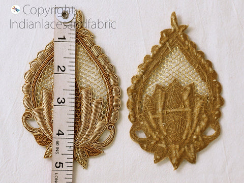 Gold Lotus Zardozi Patches Beaded Patches Zardozi patches, Handcrafted Applique, 5 Inch appliques wedding dress patch Bridal Appliques