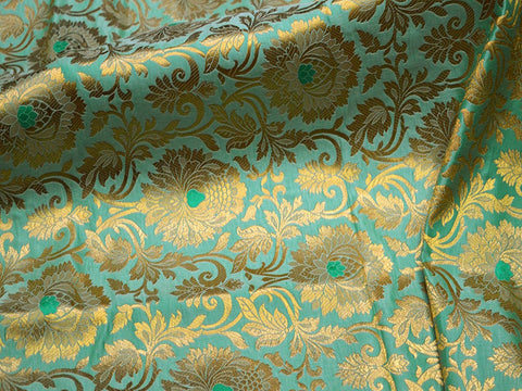 Light turquoise Brocade by the Yard Fabric Banarasi Blended Silk Brocade Wedding Dresses Crafting Sewing Cushion Cover Home Décor Costume