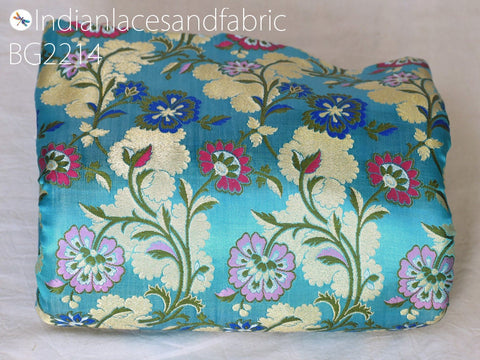 Blue Indian Brocade Silk Fabric By The Yard Banarasi Bridal Wedding Dress Material Crafting Sewing Home Décor Upholstery Drapery Cushions