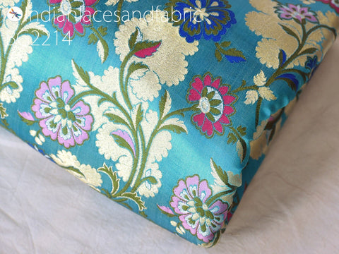 Blue Indian Brocade Silk Fabric By The Yard Banarasi Bridal Wedding Dress Material Crafting Sewing Home Décor Upholstery Drapery Cushions