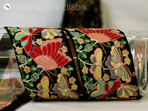 9 Yard Saree Ribbon 75mm Butterflies Fabric Trim Indian Sari Border Sewing Dress Table Runner Tape Embroidery Crafting Laces Home Decor