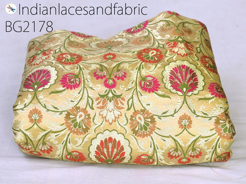 Indian Beige Silk Brocade By The Yard Wedding Dresses Jacket Banarasi Costumes Material Sewing Crafting Skirt Curtain Upholstery Furnishing