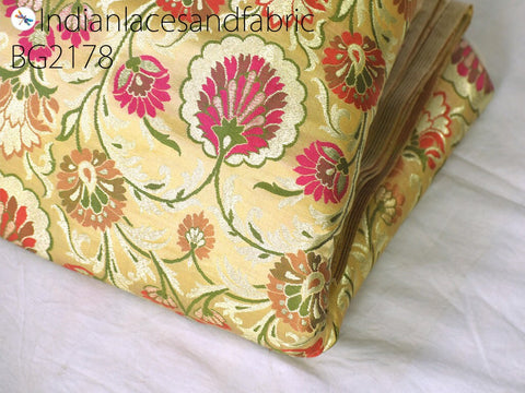 Indian Beige Silk Brocade By The Yard Wedding Dresses Jacket Banarasi Costumes Material Sewing Crafting Skirt Curtain Upholstery Furnishing