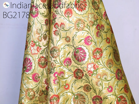 Indian Beige Silk Brocade By The Yard Wedding Dresses Jacket Banarasi Costumes Material Sewing Crafting Skirt Curtain Upholstery Furnishing