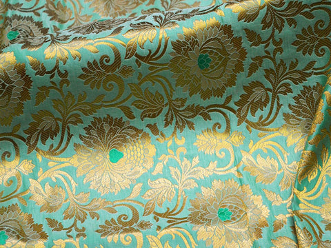 Light turquoise Brocade by the Yard Fabric Banarasi Blended Silk Brocade Wedding Dresses Crafting Sewing Cushion Cover Home Décor Costume