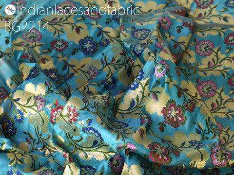 Blue Indian Brocade Silk Fabric By The Yard Banarasi Bridal Wedding Dress Material Crafting Sewing Home Décor Upholstery Drapery Cushions