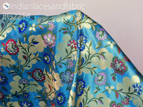 Blue Indian Brocade Silk Fabric By The Yard Banarasi Bridal Wedding Dress Material Crafting Sewing Home Décor Upholstery Drapery Cushions
