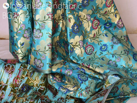 Blue Indian Brocade Silk Fabric By The Yard Banarasi Bridal Wedding Dress Material Crafting Sewing Home Décor Upholstery Drapery Cushions